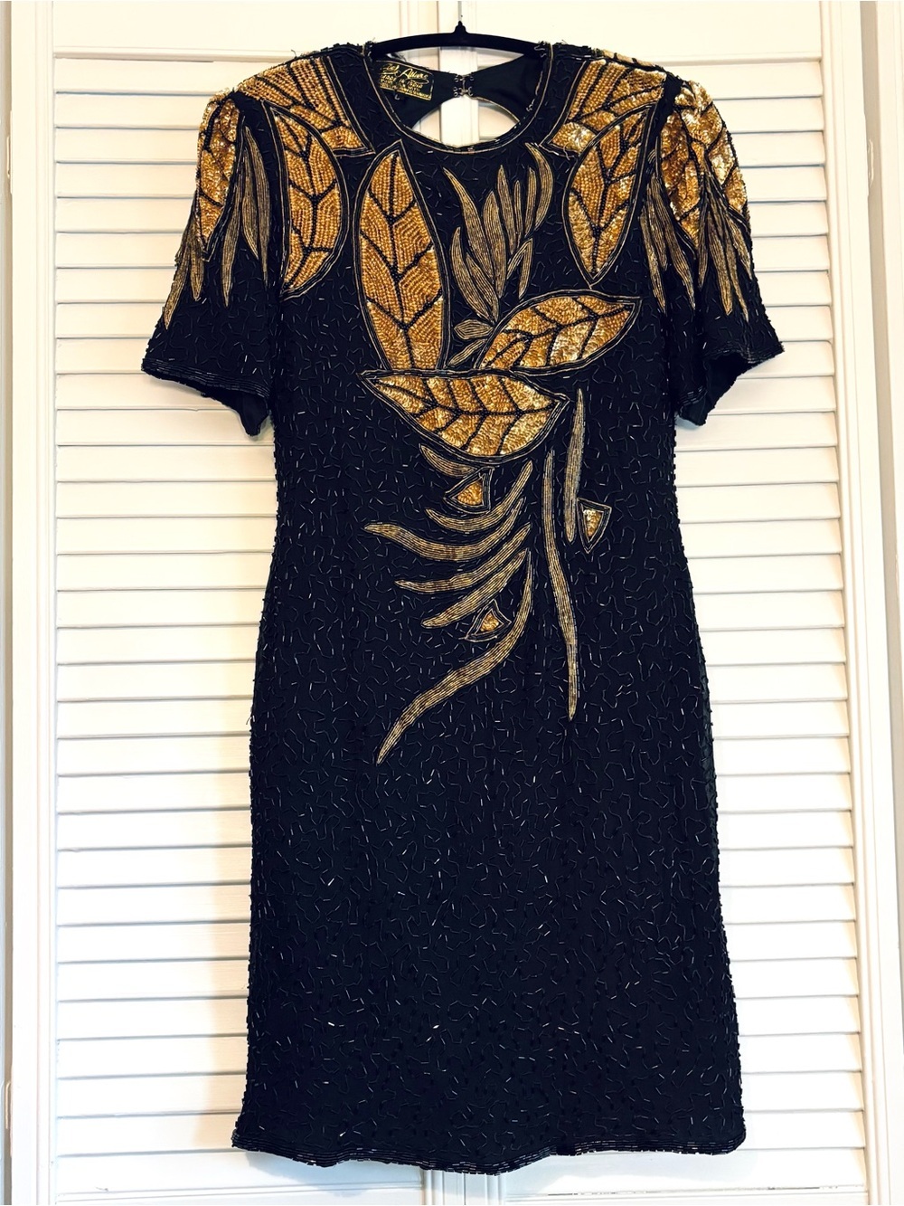 VTG Eve's Allure 100% Silk Beaded Sequin Dress Black Gold Leaf Art Deco 80s